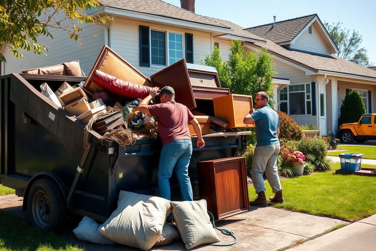 Workers loading household furniture and junk into a rented dumpster