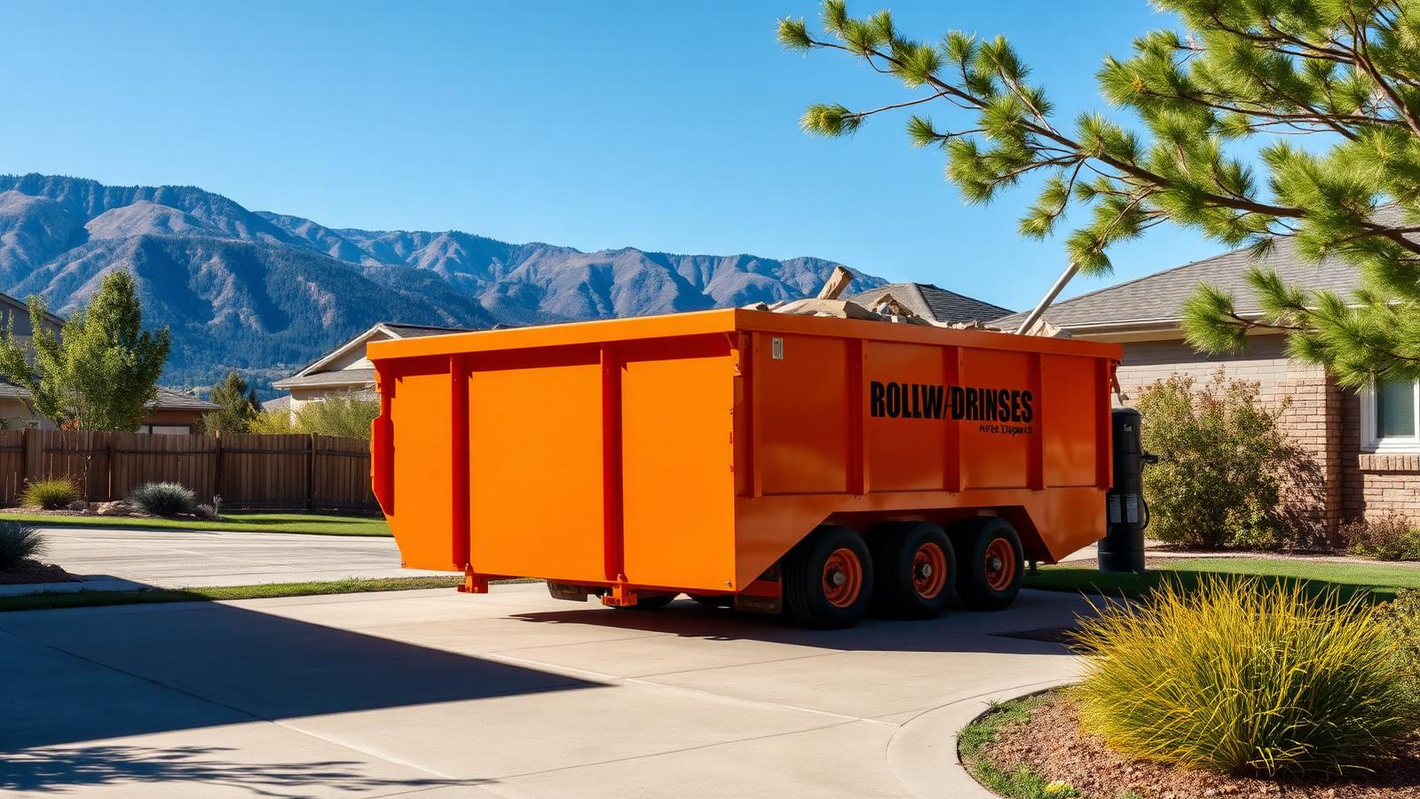 Orange roll-off dumpster placed in a Commerce City driveway